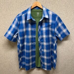 Icebreaker Mens Merino Wool Button Up Shirt Tee Blue Green Short Sleeve Plaid M